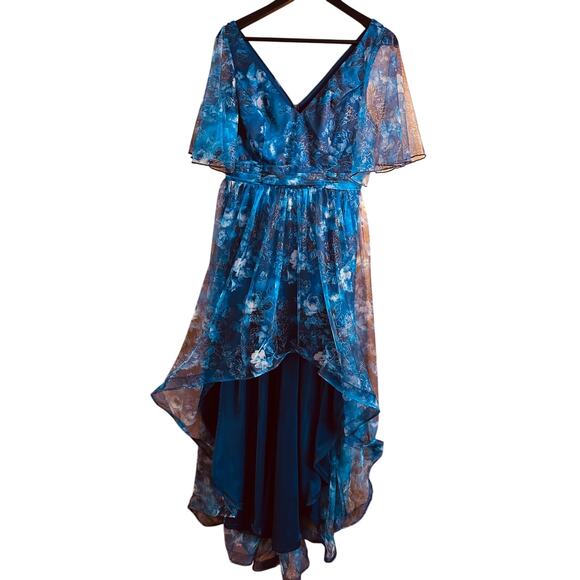 Women's Navy V-Neck Bell Sleeve Floral Print High-Low Hemline Maxi Dress Size L - Picture 1 of 10